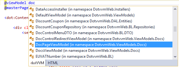 IntelliSense suggests available viewmodel classes