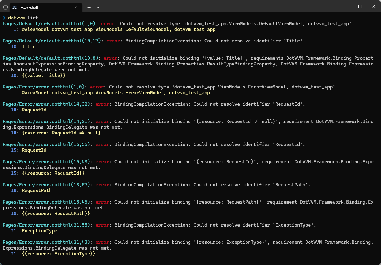 dotvvm lint command output in CLI